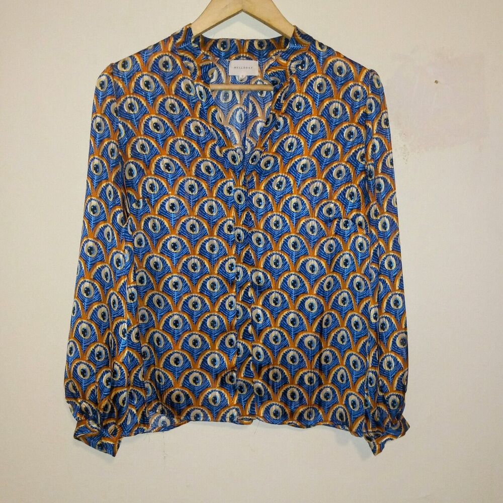 Anthropologie Melloday Small Peacock Feather Button Up Blouse-Metallic-Sheer